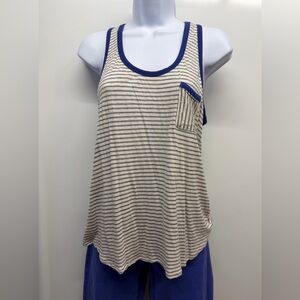 freebird Cream and Gray Striped Pocket Tank with Blue Trim